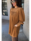 Desert Gold Velvet Pleated Puff Sleeve Shift Short Dress