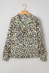 Khaki Leopard Print Long Sleeve Striped V Neck Top