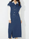 Slit Half Button Collared Neck Cap Sleeve Denim Dress