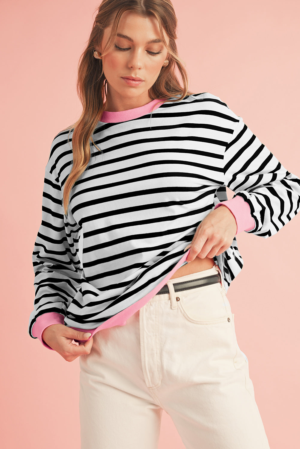 Bright Green Striped Contrast Trim Long Sleeve Top