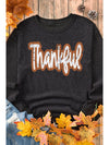 Black Thankful Drop Shoulder Corded Graphic Thanksgiving Sweatshirt