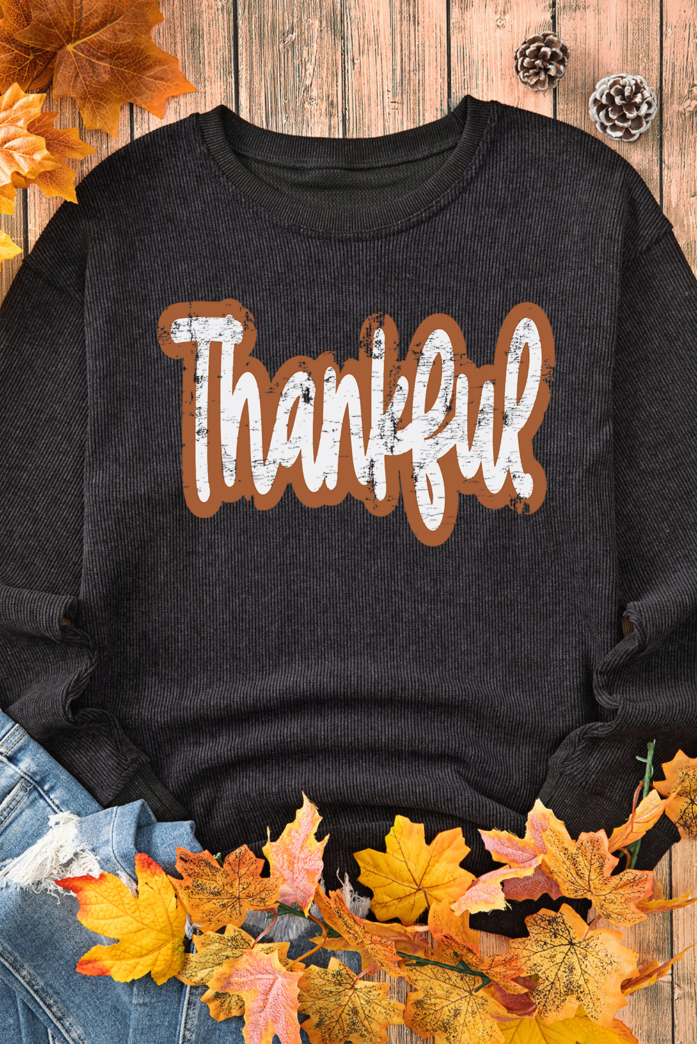 Black Thankful Drop Shoulder Corded Graphic Thanksgiving Sweatshirt