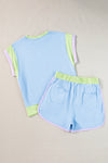 Blue Color Block Loose Fit Top and Elastic Waist Shorts Set