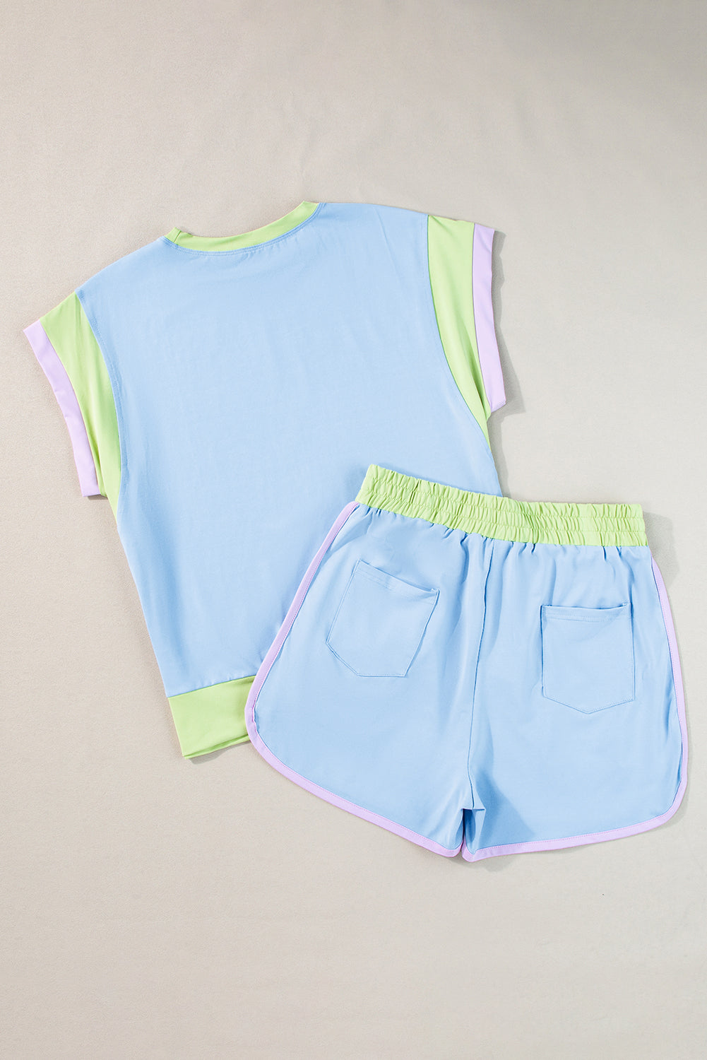 Blue Color Block Loose Fit Top and Elastic Waist Shorts Set