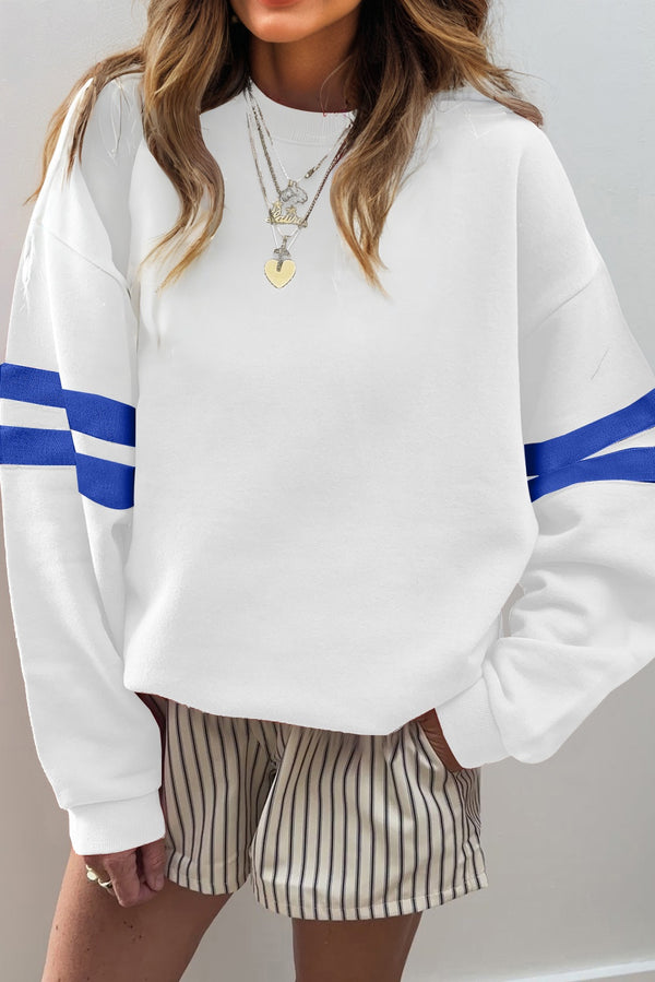 White Preppy Striped Sleeve Loose Sweatshirt