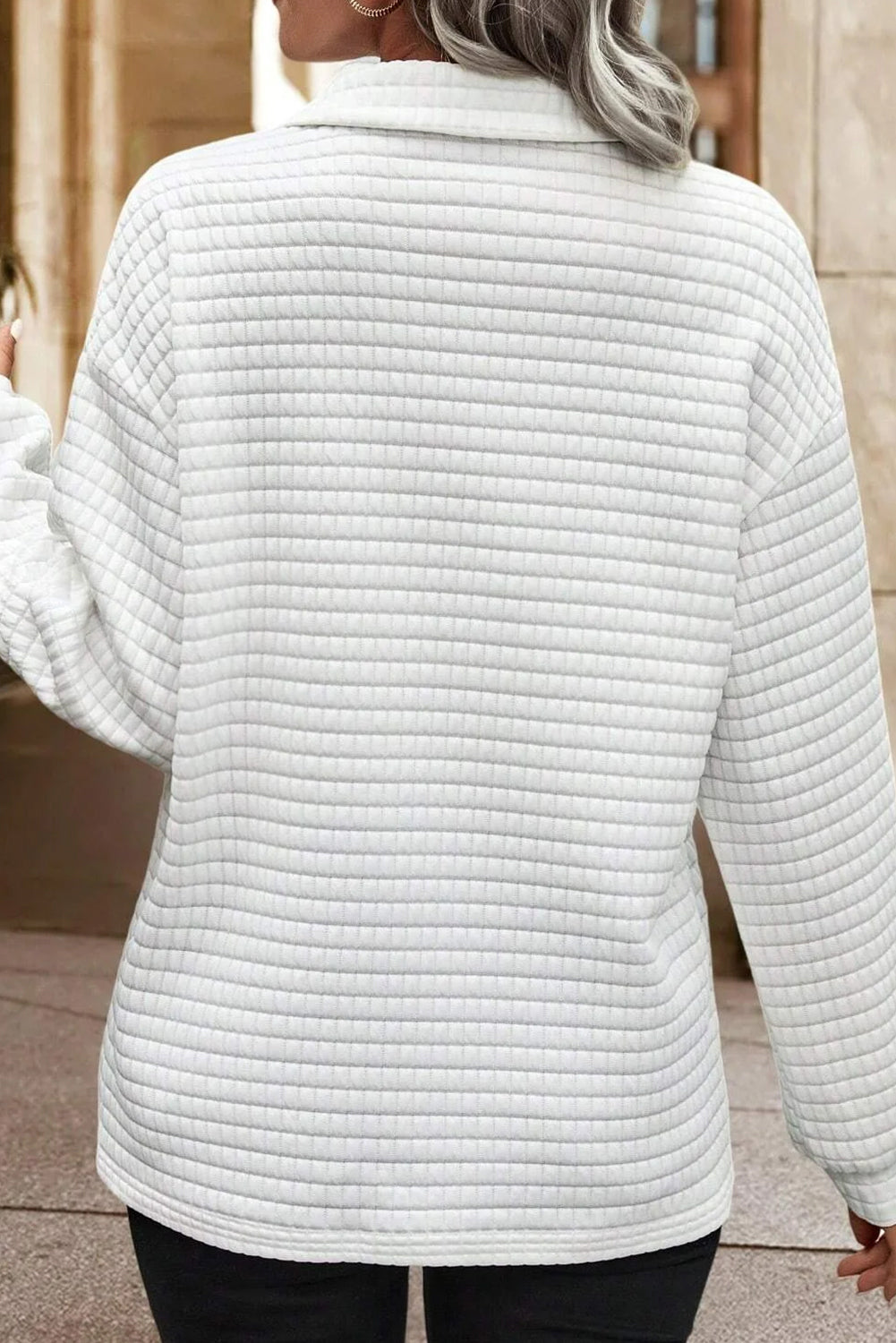 White Waffle Textured Shirtcolla Long Sleeve Top