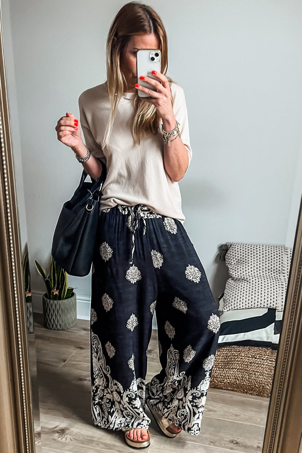 Black Bohemian Print Drawstring Waist Wide Leg Pants