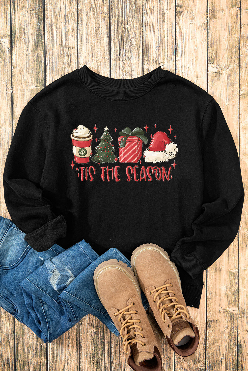 Black Christmas Season Graphic Fleece Lined Sweatshirt