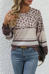 Brown Leopard Striped Color Block Long Sleeve Top