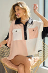 BiBi Color Block Quarter Neck Short Dolan Sleeve Top