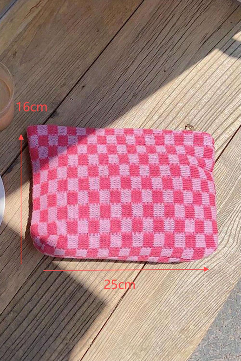 Bright Pink Checkered Print Cosmetic Bag