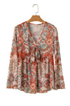 Orange Floral Bell Sleeve Pleated Blouse