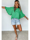 Green Frilly Round Neck Wide Half Sleeve Blouse