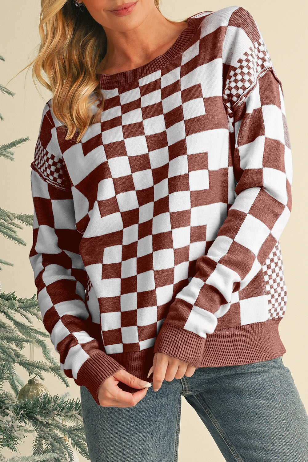 Carrot Checkered Drop Shoulder Round Neck Sweater