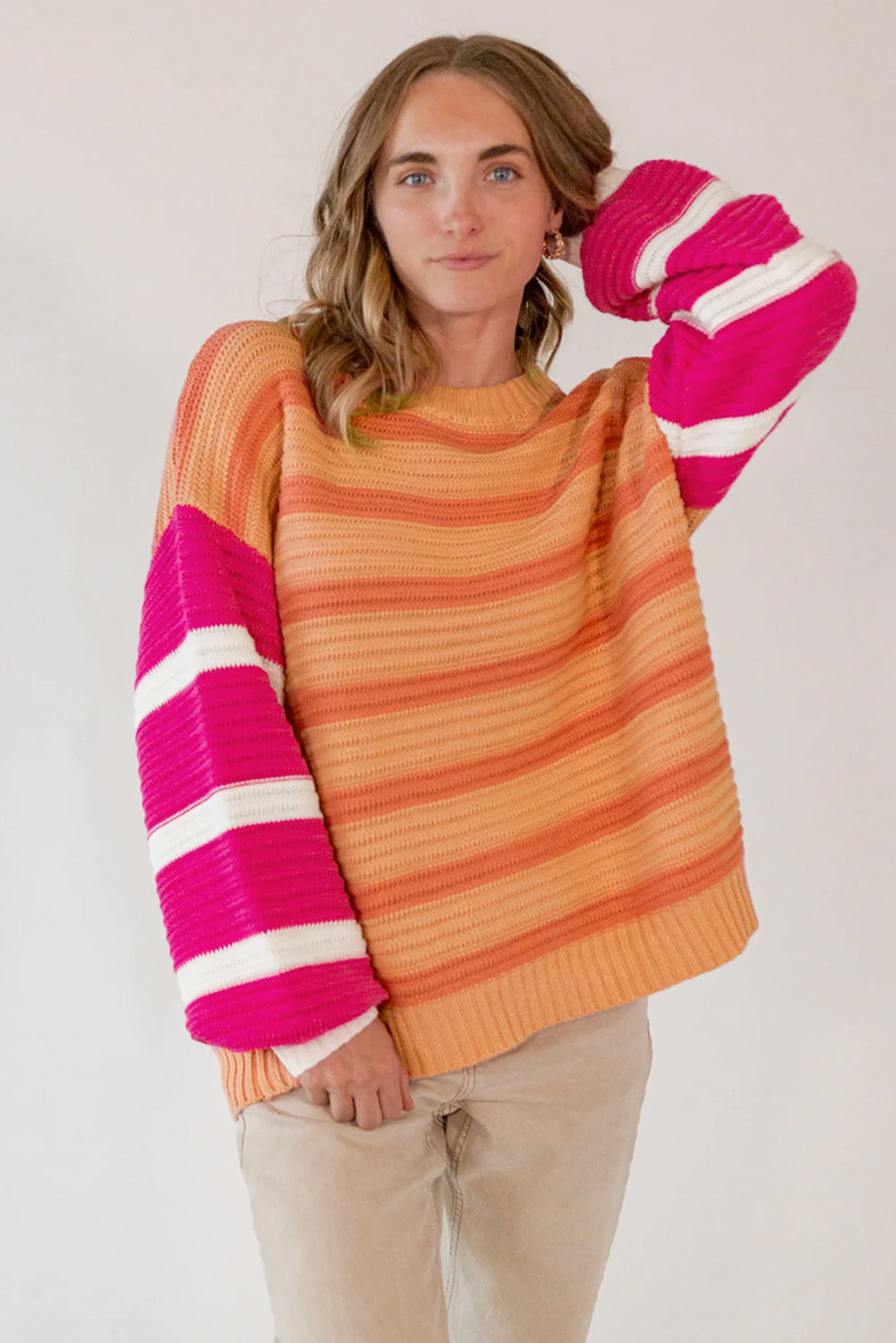 Orange Striped Colorblock Puff Sleeve Sweater