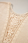 Beige Hollowed Lace Applique Plus Size Waffle T Shirt