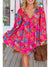 Rose Tropical Print Lantern Sleeve V Neck Ruffle Plus Size Mini Dress