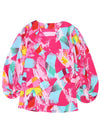 Pink Plus Size Graffiti Print Split Neck Puff Sleeve Blouse