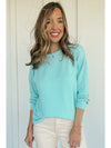 Aruba Blue Plain Crinkle Ribbed Round Neck Top