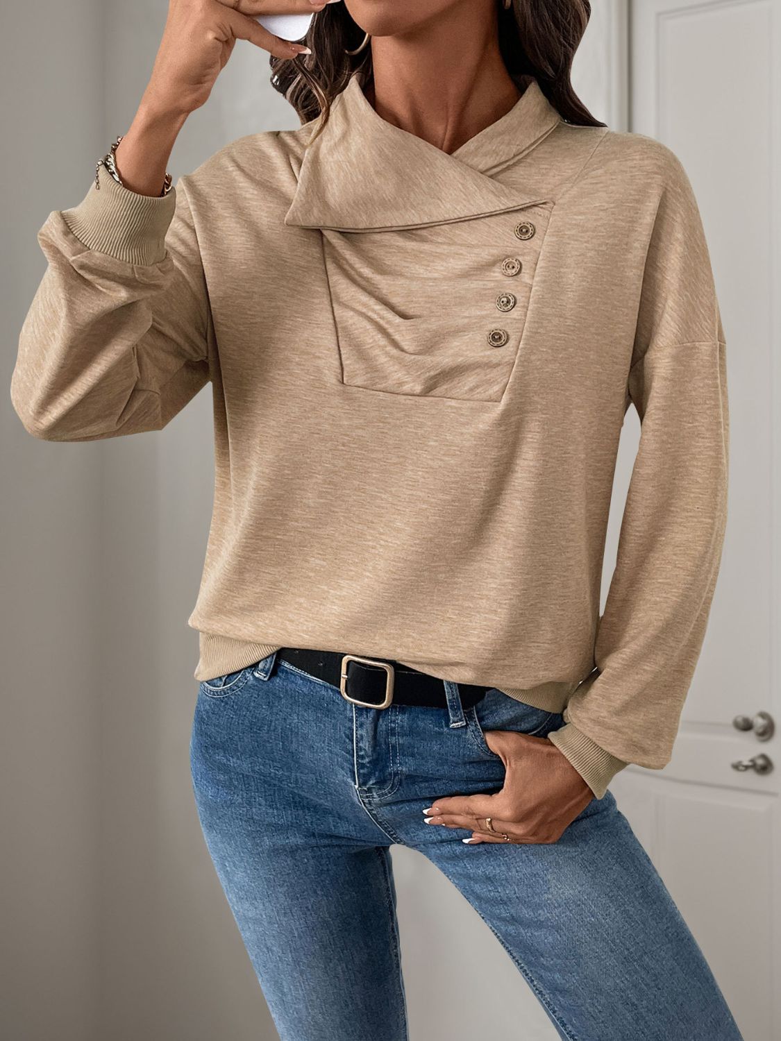 Perfee Asymmetric Mock Neck Long Sleeve Sweatshirt