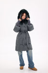 Genuine Silver Fox Fur Trim Down Coat in Forest Slate