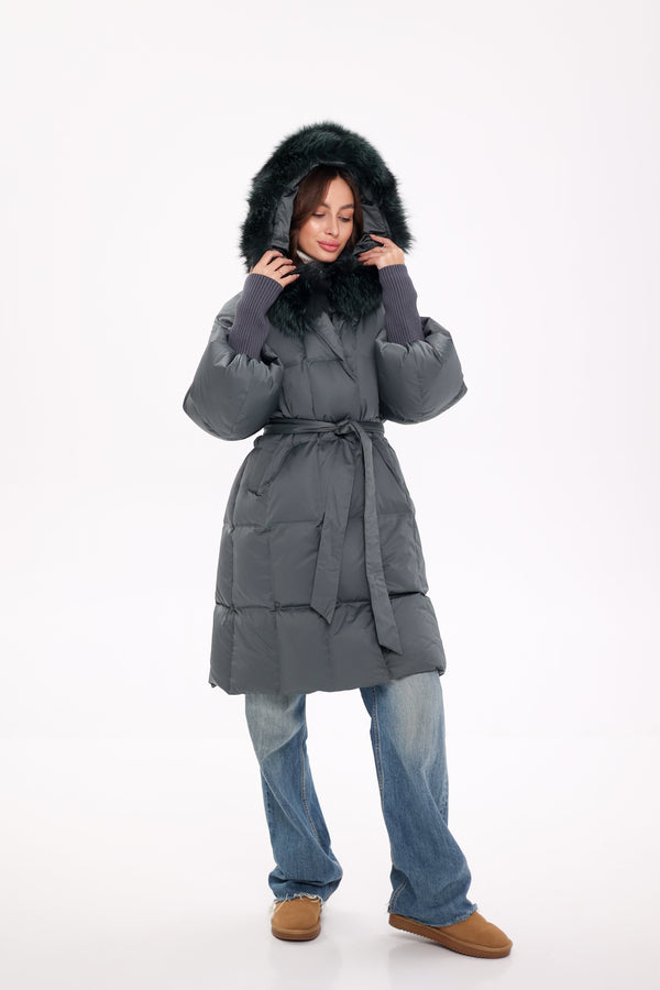 Genuine Silver Fox Fur Trim Down Coat in Forest Slate