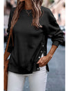 Black Snap Button Side Slits Solid Color Sweatshirt