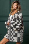 Dark Grey Colorblock Checked Loose Fit Open Front Knitted Cardigan