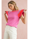 Bright Pink Contrast Sleeve Striped Round Neck Knitted Tee