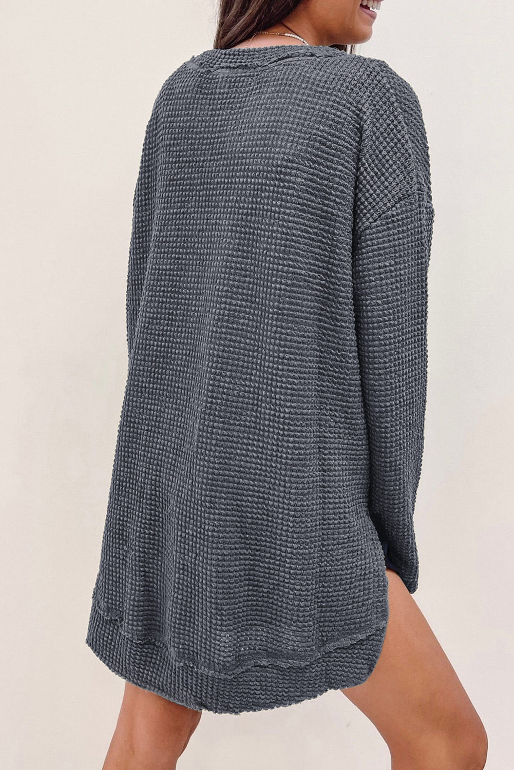 Gray Waffle Knit Drop Sleeve Side Slits Oversized Top