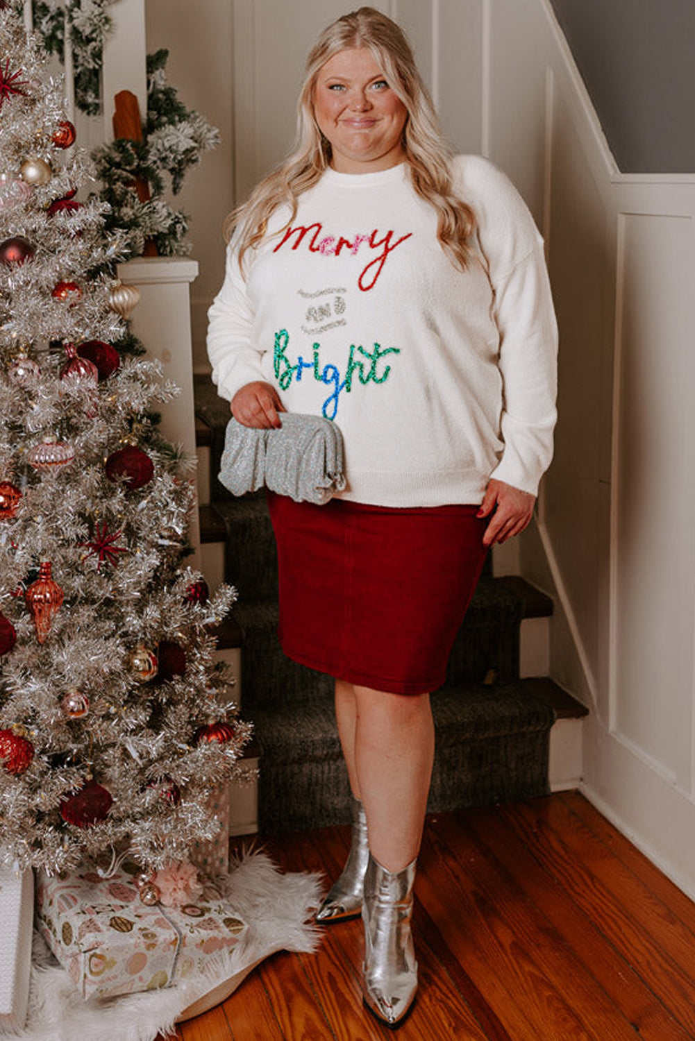 White Tinsel Merry AND Bright Plus Size Christmas Sweater