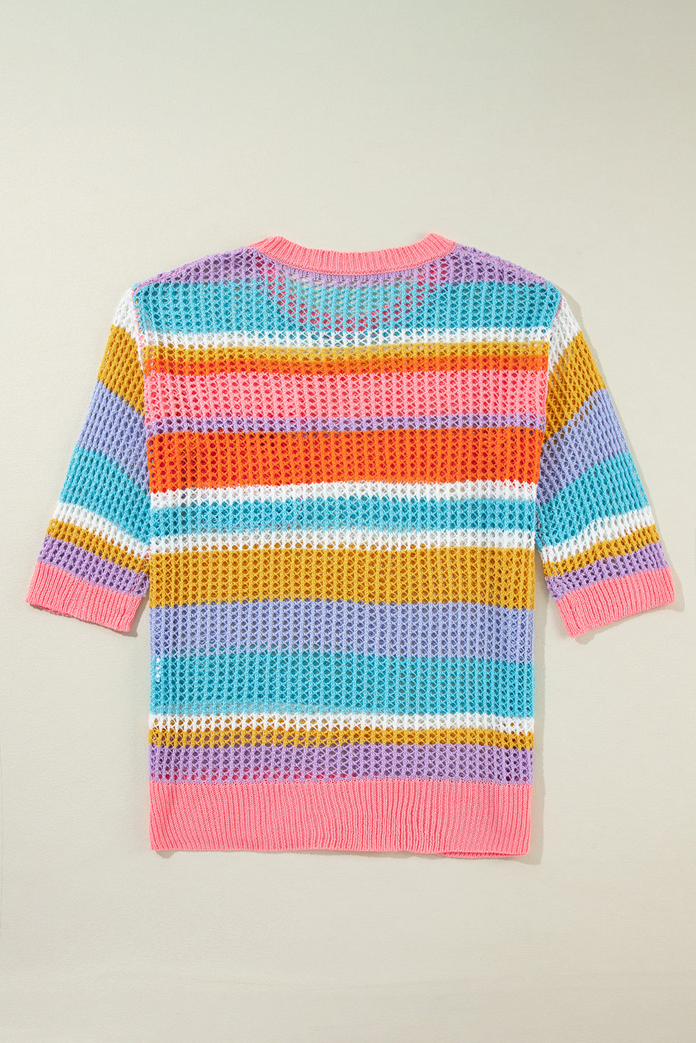 Pink Striped Color Block Hollow Crochet 3/4 Sleeve T Shirt