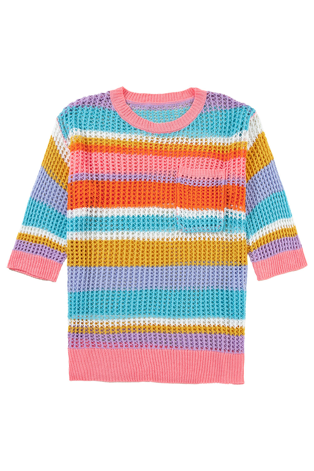 Pink Striped Color Block Hollow Crochet 3/4 Sleeve T Shirt