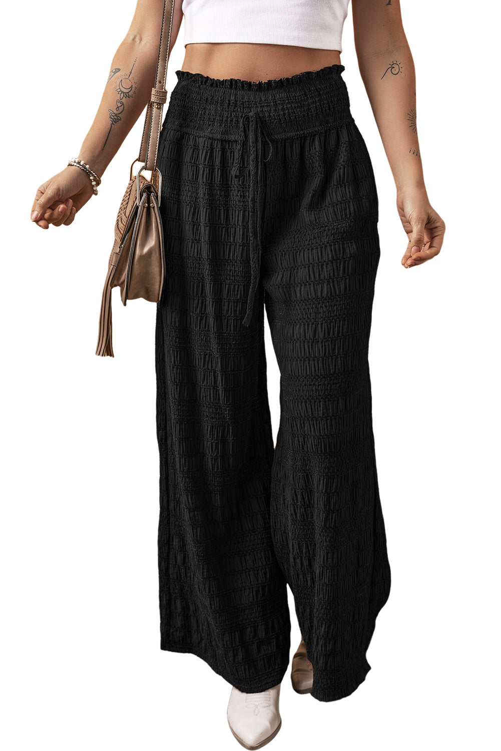 Black Textured Wide Smocked Waist Loose Pants