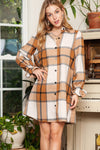 Khaki Plaid Pattern Collared Neck Ruffled Sleeve Shirt Dress