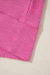 Bright Pink Ribbed Patchwork 3/4 Sleeve V Neck Loose Top