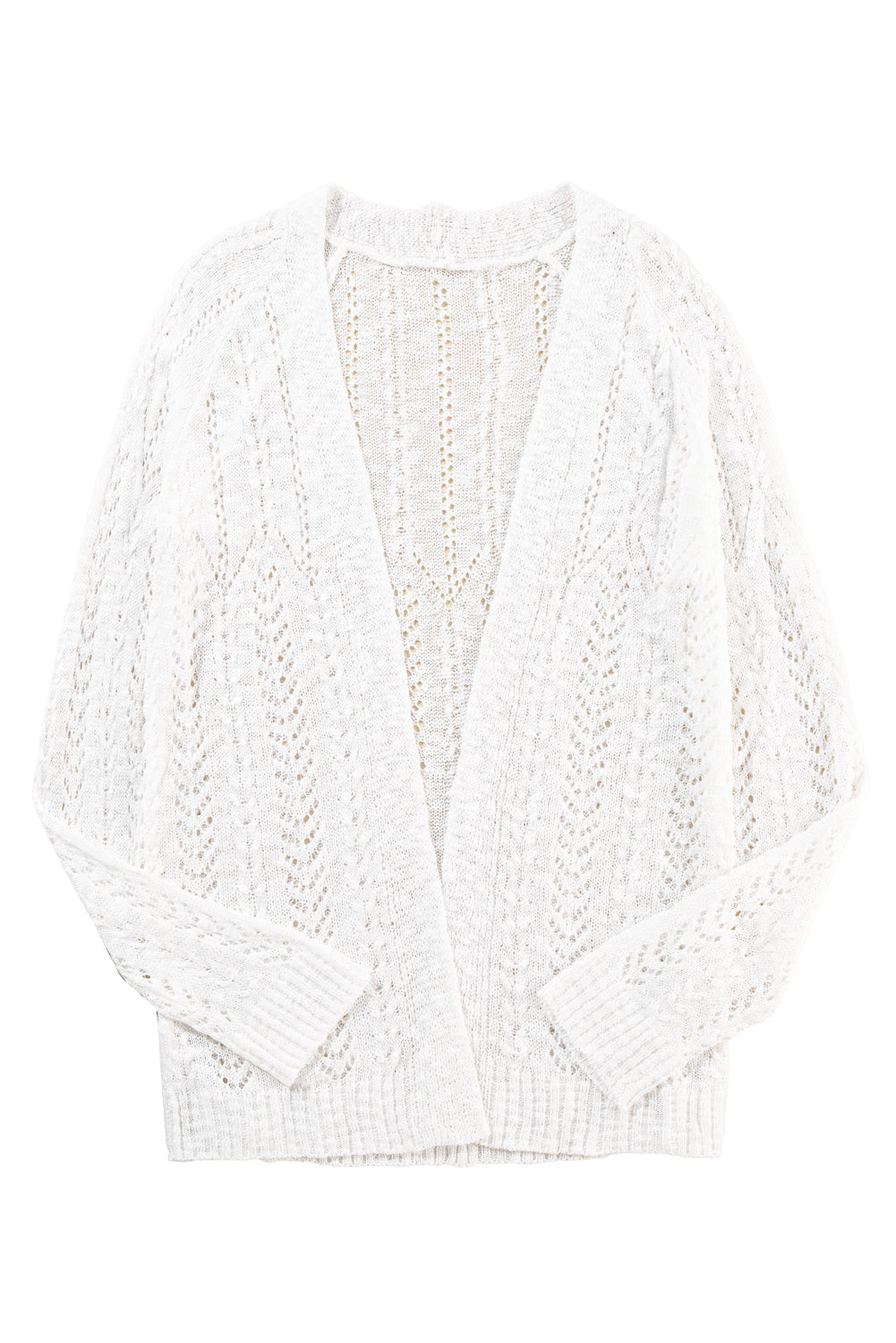 White Solid Color Hollow Knit Open Front Cardigan