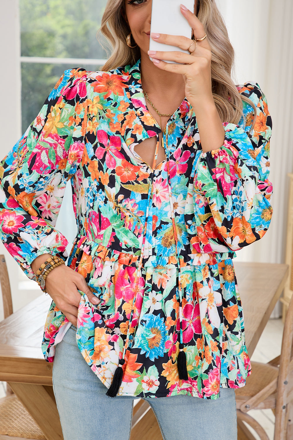 Multicolour Boho Floral V Neck Lantern Sleeve Blouse