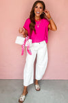 Rose Red Contrast Trim Round Neck Short Sleeve Loose Knit Top