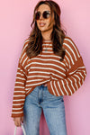 Brown Stripe Casual Round Neck Drop Shoulder Sweater