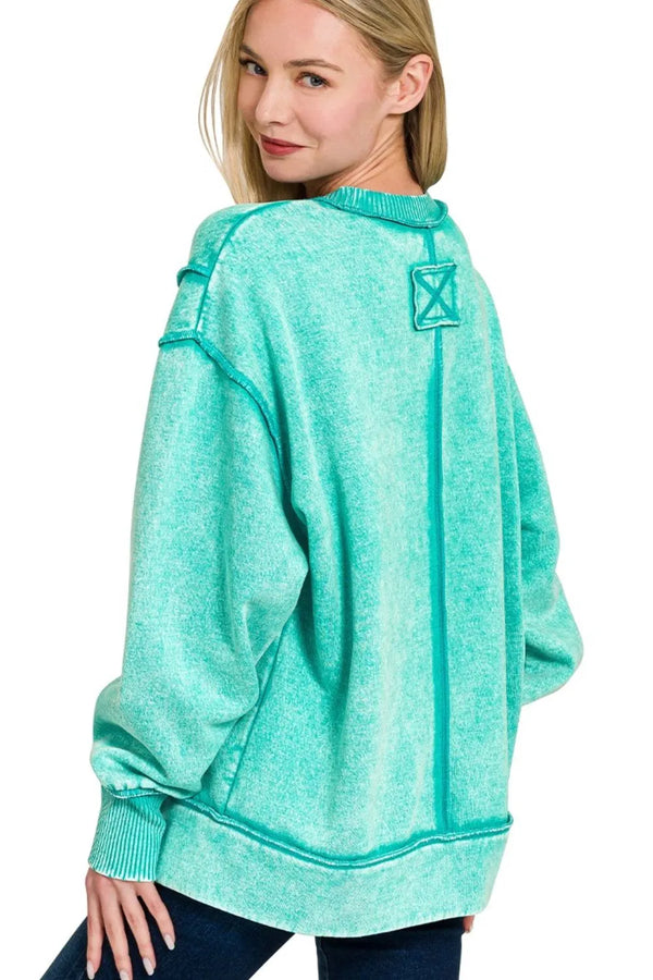 Zenana Acid Wash Exposed-seam Fleece Sweatshirt