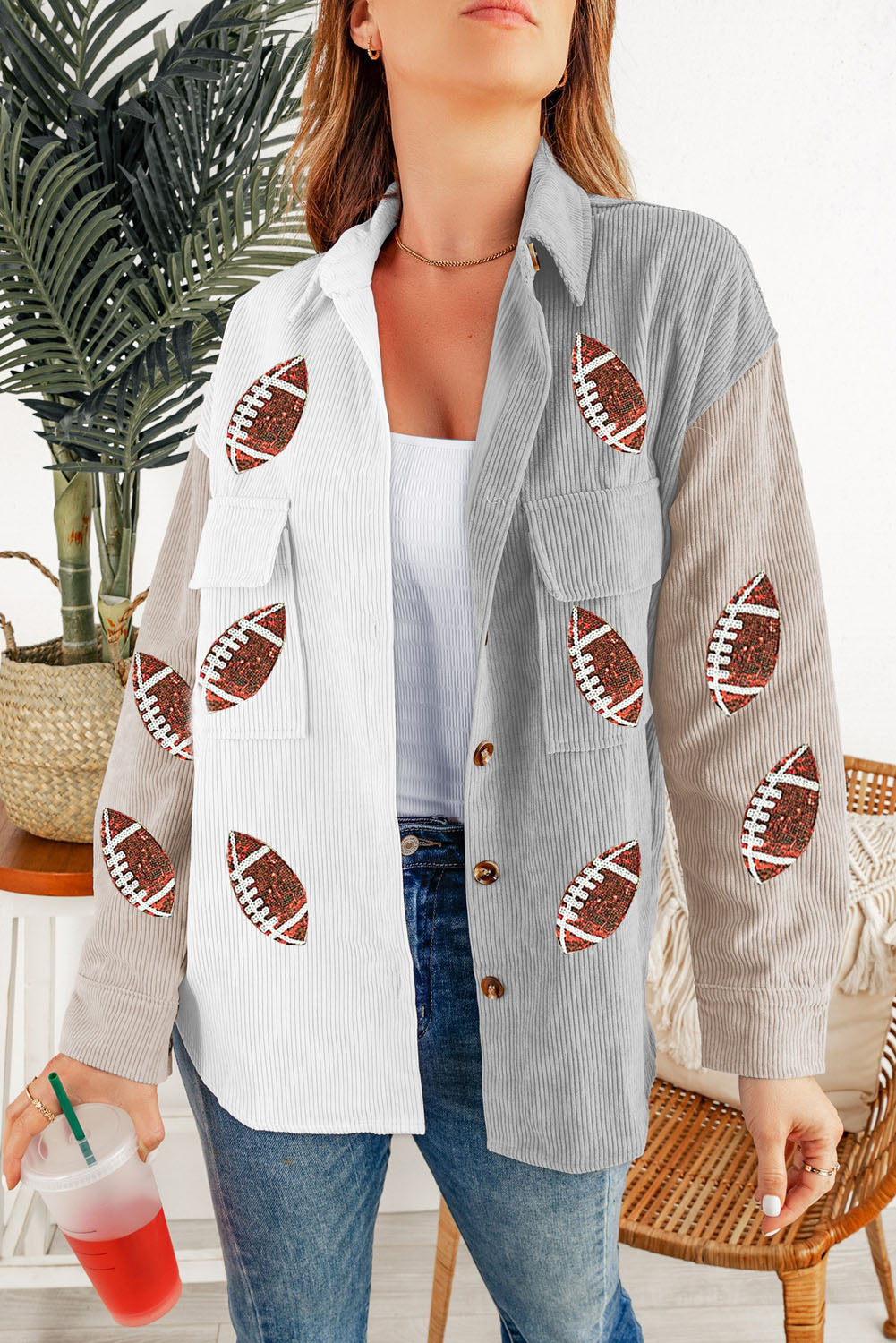 White Sequin Rugby Graphic Flap Pockets Corduroy Shacket