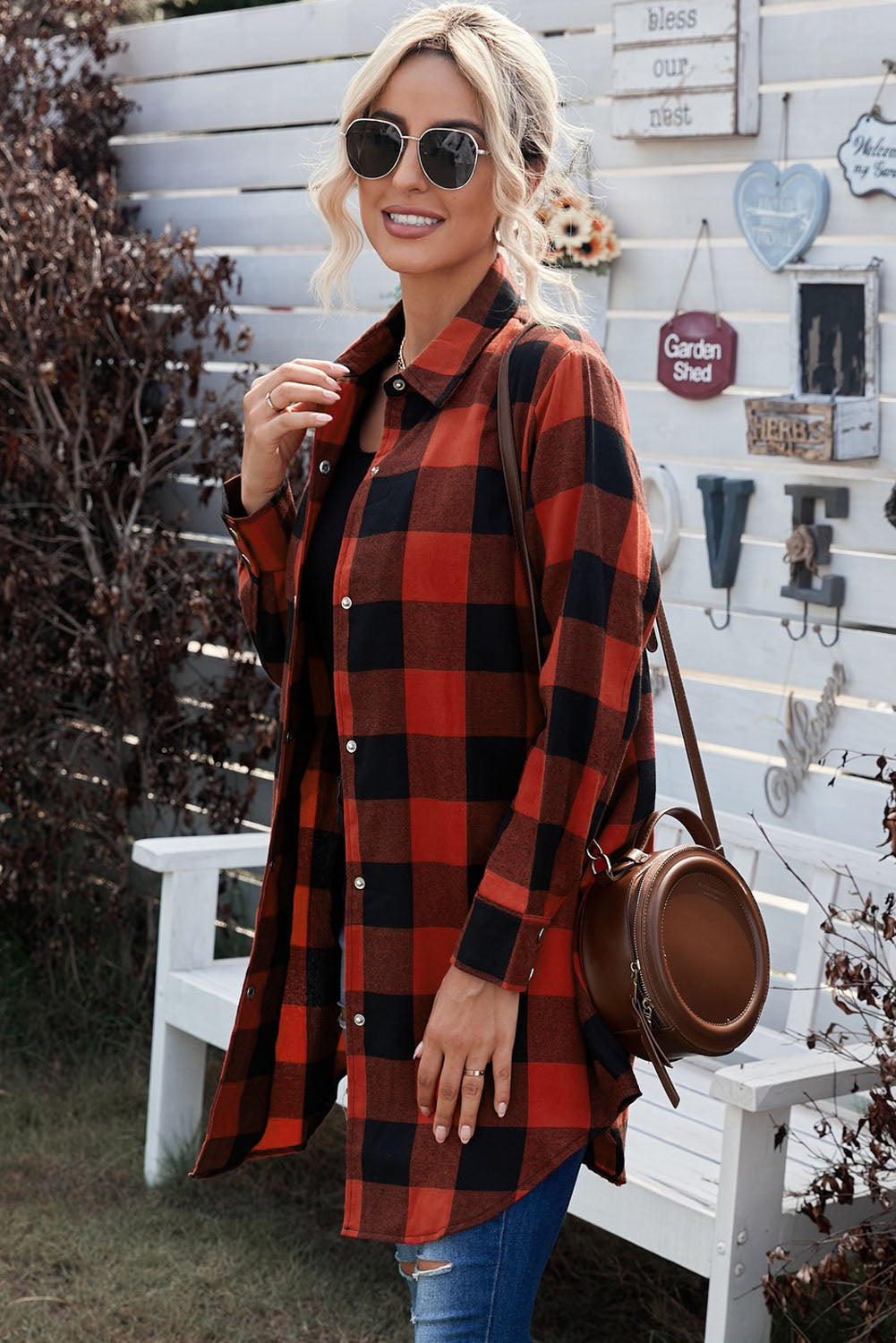 Brown & Black Plaid Collared Botton Down Long Shirt Shacket