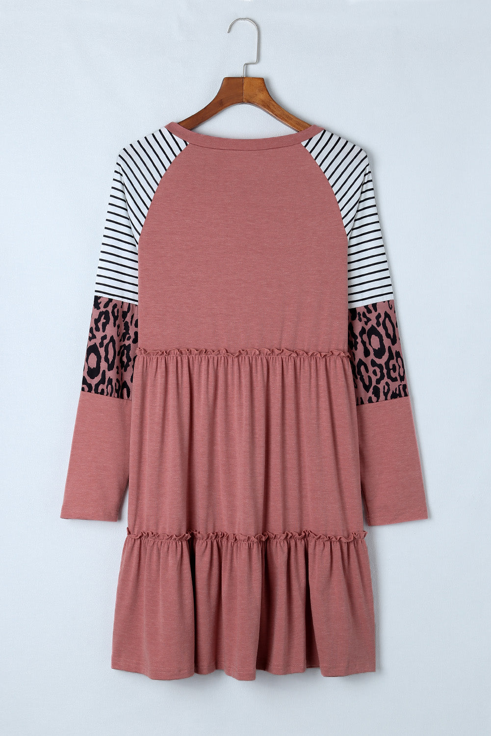 Pink Striped Leopard Patchwork Frill Long Sleeve Short Dress