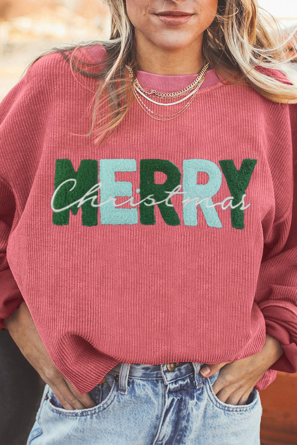 Racing Red Corded MERRY Christmas Letter Graphic Sweatshirt