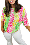 Multicolour Leopard Color Block Knitted Crewneck Plus Size T Shirt