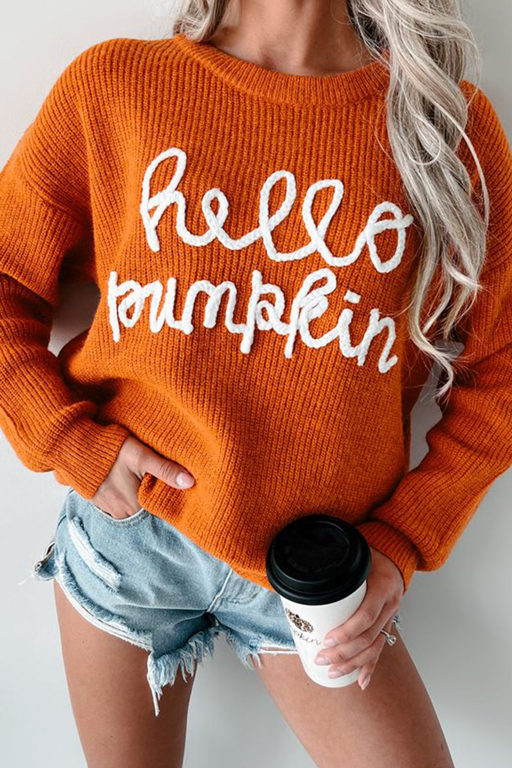 White Hello Pumpkin Graphic Sweater