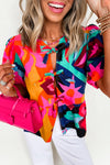 Red Abstract Print Tie Front Puff Sleeve Babydoll Blouse