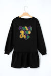 Black Chenille mardi gras Patched Lantern Sleeve Ruffled Hem Mini Dress