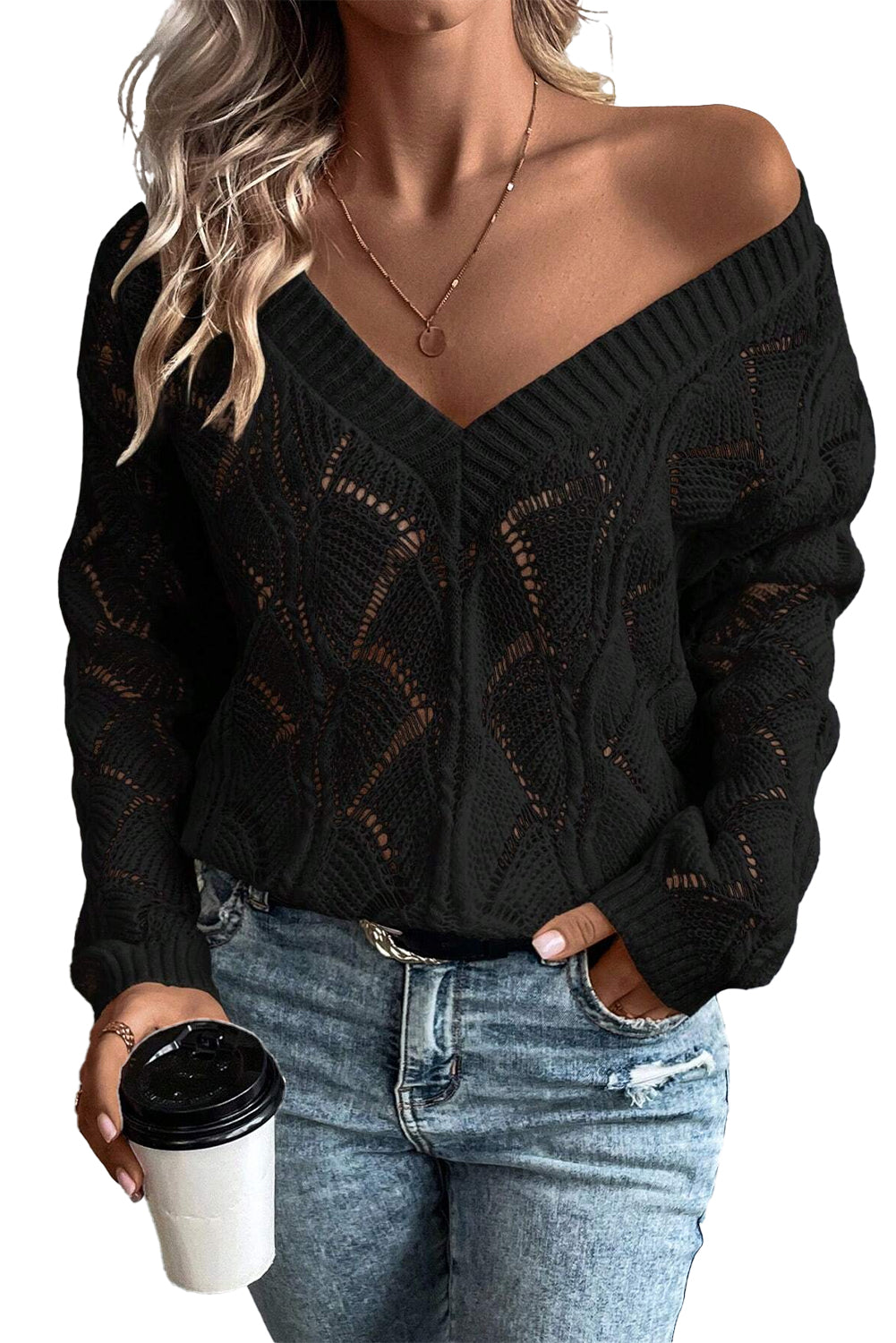 Sweaters Beige Knit Hollow Out V Neck Drop Shoulder Sweater.